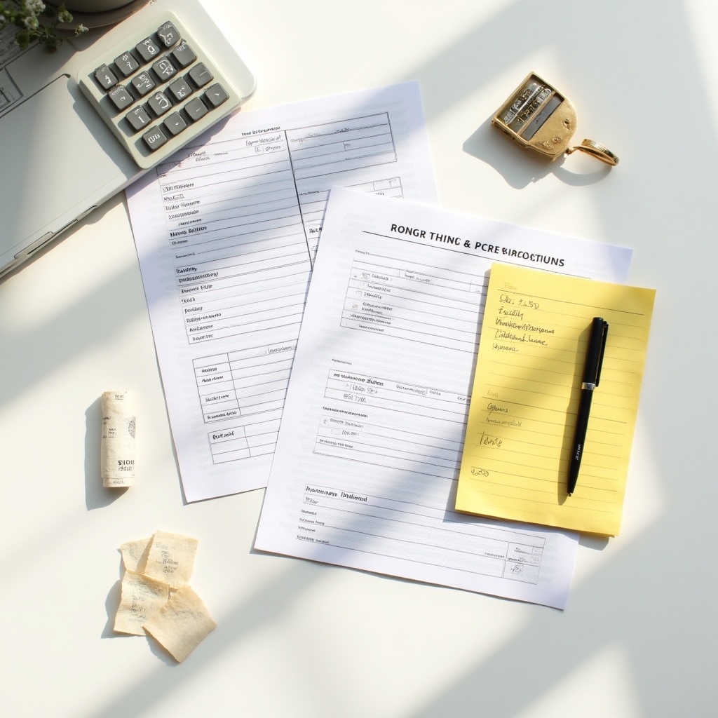 Overhead view of budget spreadsheet and financial documents