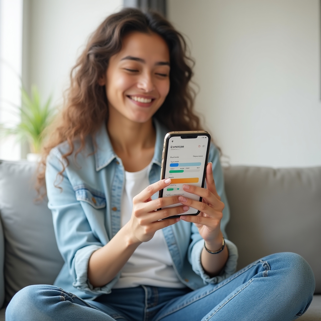 Young woman reviewing expense tracking app on smartphone at home