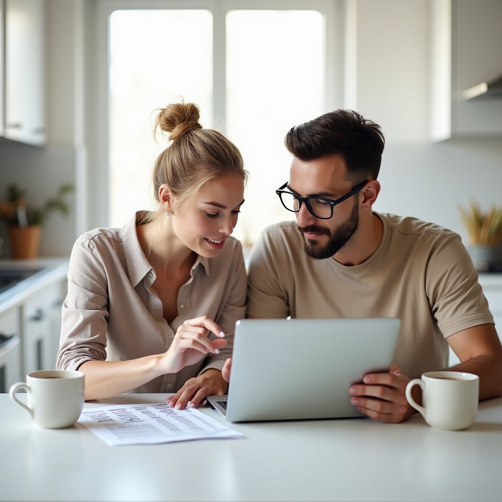 Family reviewing monthly budget together at kitchen table