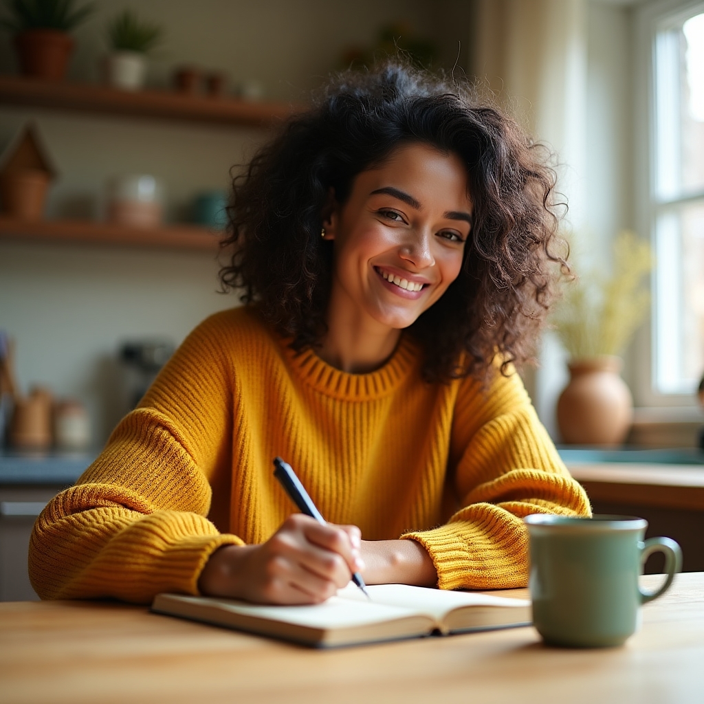 Person writing savings goals in notebook with coffee on wooden desk